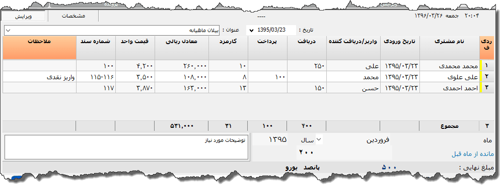 تصویر محیط نرم افزار بیلان ماهیانه نوع 2