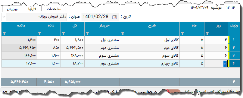 تصویر محیط نرم افزار دفتر فروش روزانه
