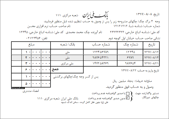 نمونه درخواست وصول چک بانک ملی