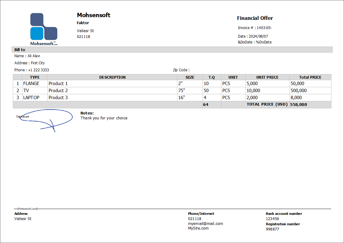 نمونه Financial And Technical Offer