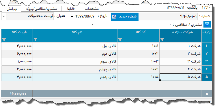 تصویر محیط نرم افزار لیست اجناس نوع 6