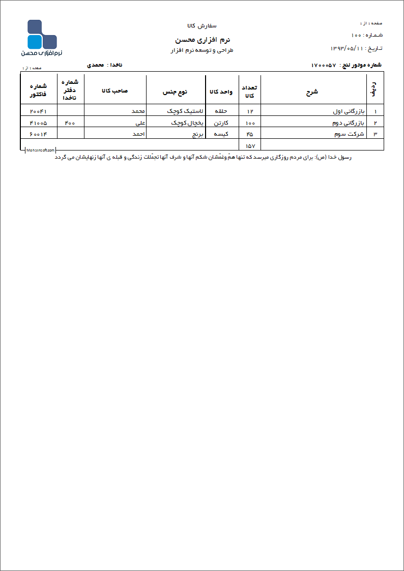 نمونه لیست اجناس