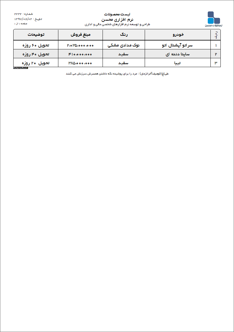 نمونه لیست قیمت خودرو