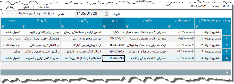 تصویر محیط نرم افزار لیست سفارشات نوع 3