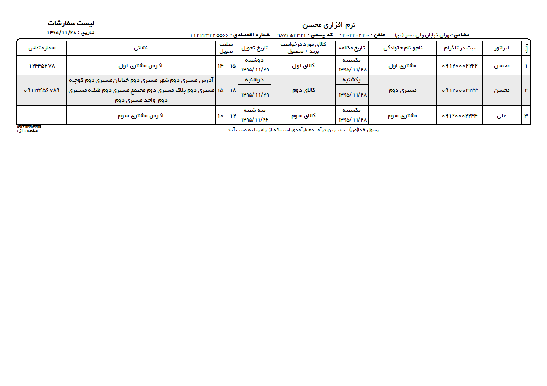 نمونه لیست سفارشات