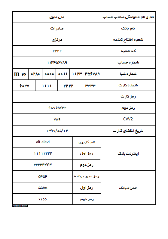 نمونه مشخصات حساب بانکی
